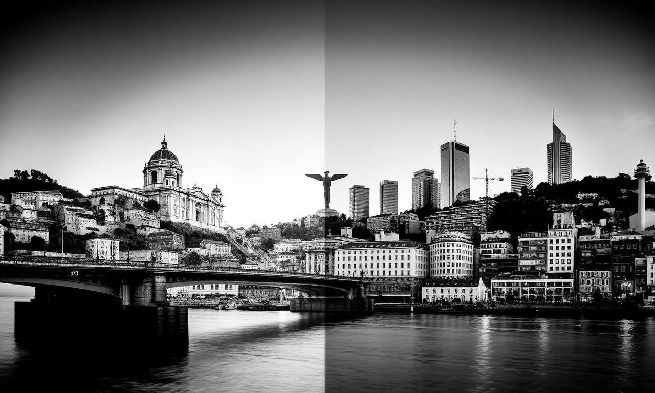 Black and white double exposure of Porto and Mexico City skylines